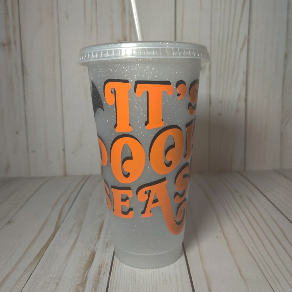 Custom "It's spooky season"season tumbler with 3D printed bat straw topper